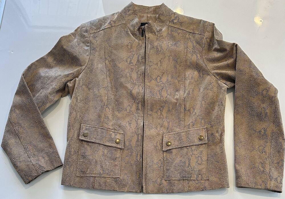 Alfani Genuine Leather Snakeskin Tan Beige Bomber Jacket Women's Size Large Chic